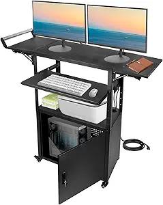 Large Mobile AV Cart with Locking Cabinet and Drop Leaves, Height Adjustable Steel AV Cart with Wheels and Power, Rolling Computer Cart with Pullout Keyboard Tray for Office, Warehouse&Classroom