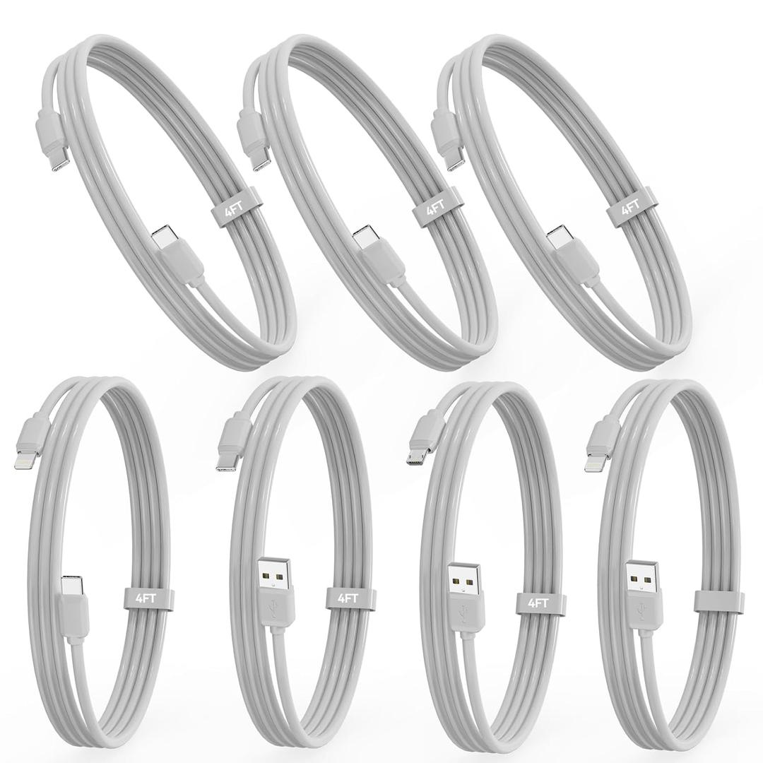 4-ft Multi USB Cables & TypeC-C Cables (7-Pack) for Charging Stations, Compatible/w iPhones, iPads/iPad mini/iPad Pros/S25-S8/Android Moblies/Tablets/Pixel & Nexus etc. (White)