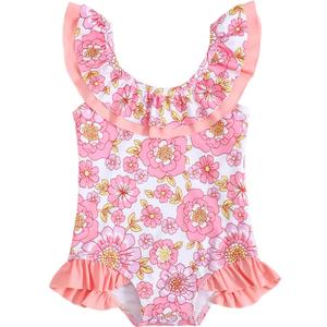 Kucnuzki Baby Girl Swimsuit Toddler One Piece Bathing Suit Ruffles Bikini Tankini Set Summer Beach Swimwear (6-7 Years, Pink Flower)