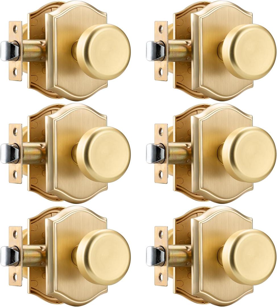 6 Pack Pismo Doorknobs for Hall, Gold Interior Door Knobs with Camelot Trim, Satin Brass Interior Door Handles