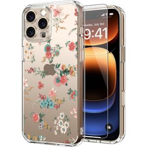 ICEDIO for iPhone 16 Pro Max Case with Screen Protector-Clear with Fashionable Trendy Patterns-Designed for Girls and Women-Slim Fit Cover-Protective Phone Case 6.9" Small Pink Flowers