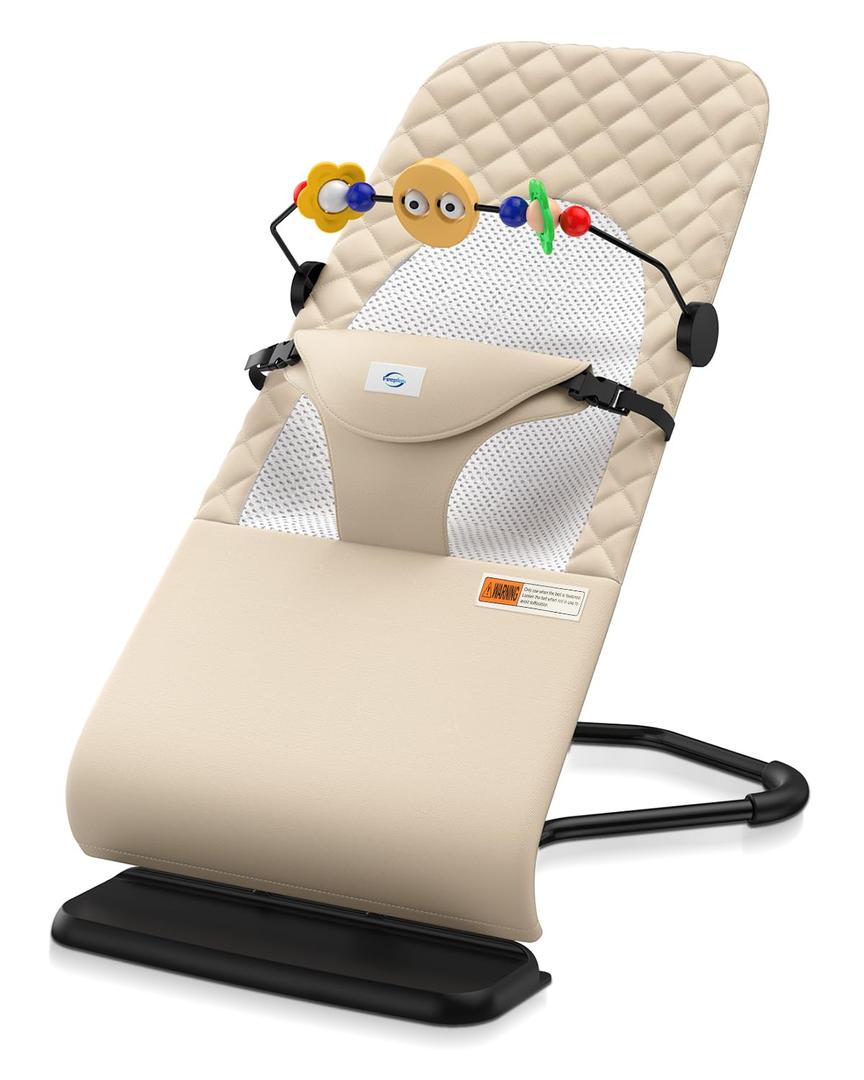Baby Bouncer, Bouncer Seat for Babies 0-12 Months,Ergonomic Baby Seat Breathable and Comfortable Cushion with 3-Height Adjustments, Infant Rockers Portable Folding and Detachable (Beige)