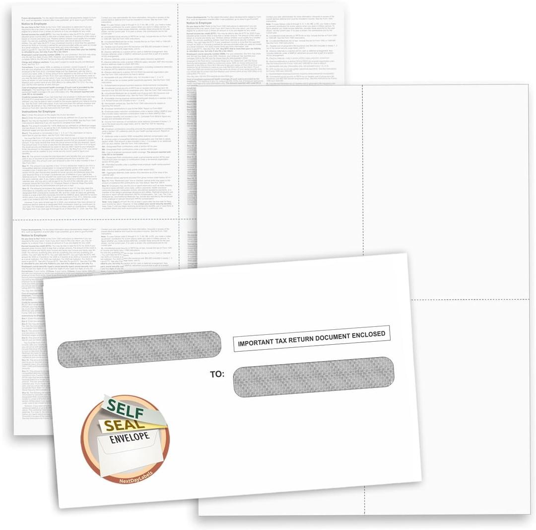 NextDayLabels - W-2 4-Up Employee Tax Forms, Instructions on Back" for 2025, for Laser/Inkjet Printer. Compatible with QuickBooks and Accounting Software ETC. (Pack of 50 Sheets & Self Seal Envelopes)