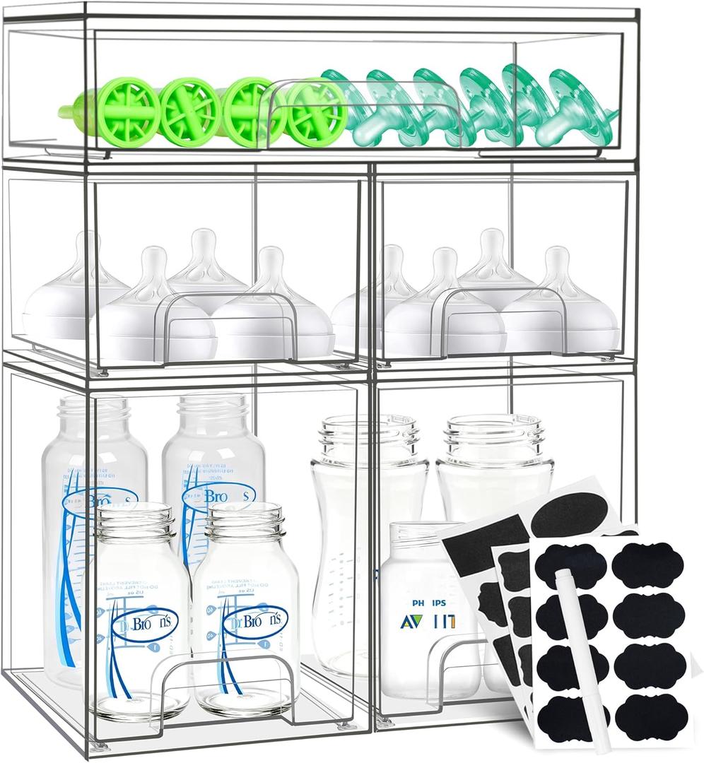 Baby Bottle Organizer, 5 Pack Stackable Storage Drawers with Labels, Clear Station Organizers Container for Pacifiers, Pump Parts, Desk Organizer Bins for Bathroom, Cabinet, Pantry, Vanity, Countertop