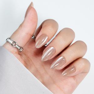 Cat Eye Press On Nails- Jofay Fashion Press On Nails Christmas Almond for Gifts, Nude Short Stick On Nails with Glue, Glossy Reusable Nail Tips in 16 Sizes - 32 Soft Gel Fake Nails Kit, Nude Cat Eye