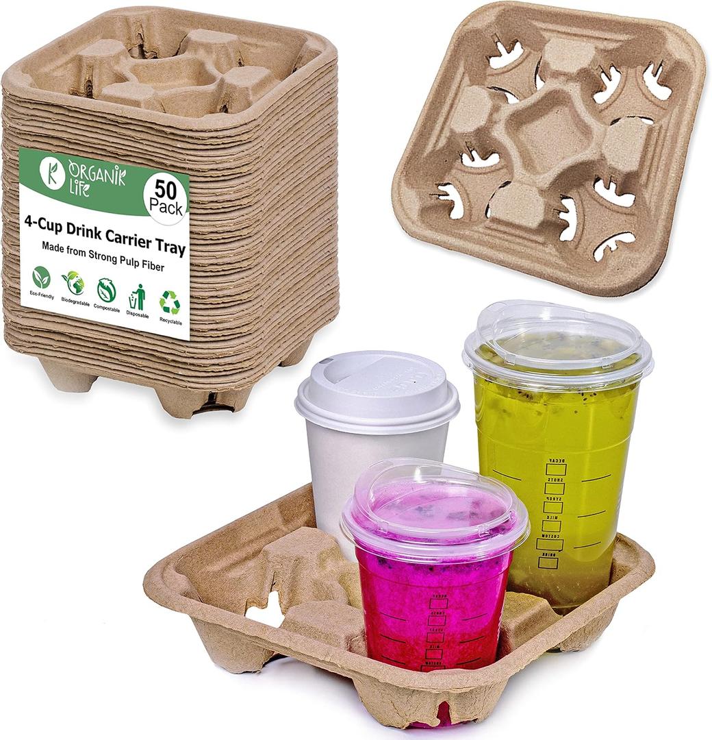 4 Cup Carrier Tray (50-Pack), No-Spill, No-Mess Disposable Holder, Biodegradable, Eco-Friendly for Delivery of Hot or Cold Drinks, Ideal To Go Carrier for Car Food Delivery