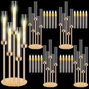 Tandefio 4 Set 5 Arm Gold Candelabra Table Centerpiece with LED Candle, 26.8" Tall Acrylic Cylinder Candle Holder with Lampshades Fit 0.8 for Wedding, Anniversaries, Dinner, Party, Easter, Home Decor