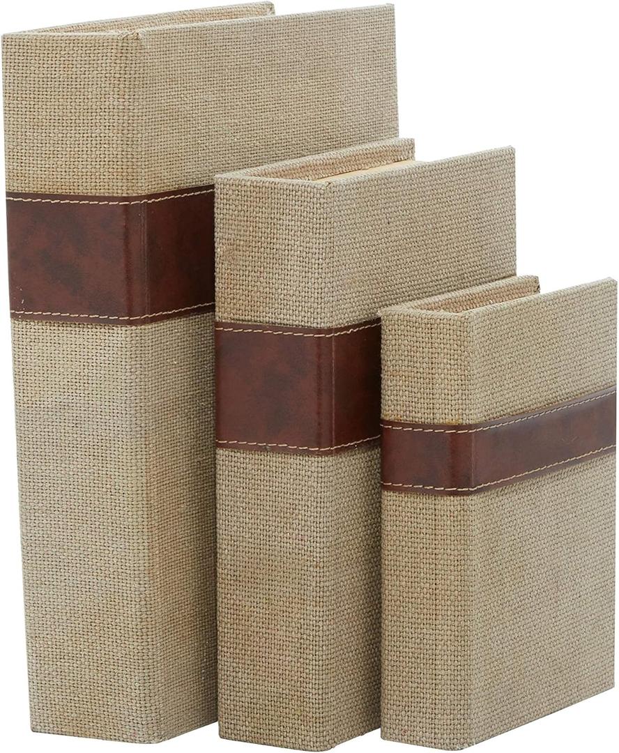 Deco 79 Linen Fabric Decorative Box Faux Storage Book Book Shaped Boxes with Faux Leather Detailing, Set of 3 Decorative Keepsake Boxes 15", 12", 9"H, Brown