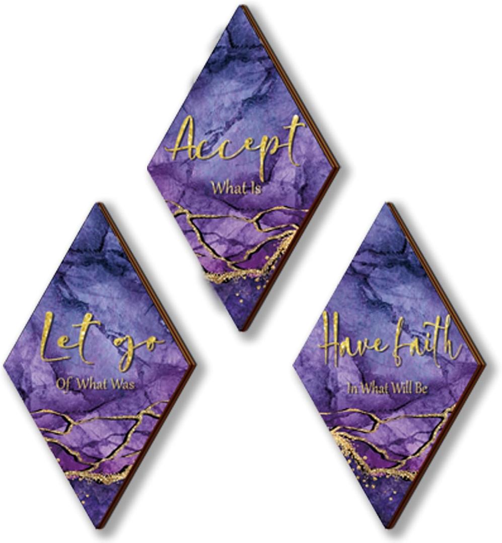 3Pcs Purple And Gold Bathroom Decor Purple Gold Wall Decor with Accept Let Go Have Faith Quote Rustic Farmhouse Wooden Hanging Signs for Women Home Living Room Bedroom (Purple Gold 12x7)