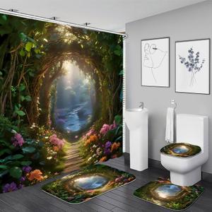 Nkzply 4 Pcs Green Forest Shower Curtain Set Enchanted Forest Bathroom Sets with Shower Curtain and Rugs Magical Nature Landscape Bathroom Decor Accessories with Bathroom Rugs Toilet Lid Cover Hooks