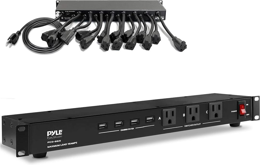 Pyle 19 Outlet 1U 19" Rackmount PDU Power Distribution Supply Center Conditioner Strip Unit Surge Protector 15 Amp Circuit Breaker 4 USB Multi Device Charge Ports 15FT Cord, Black - PCO865