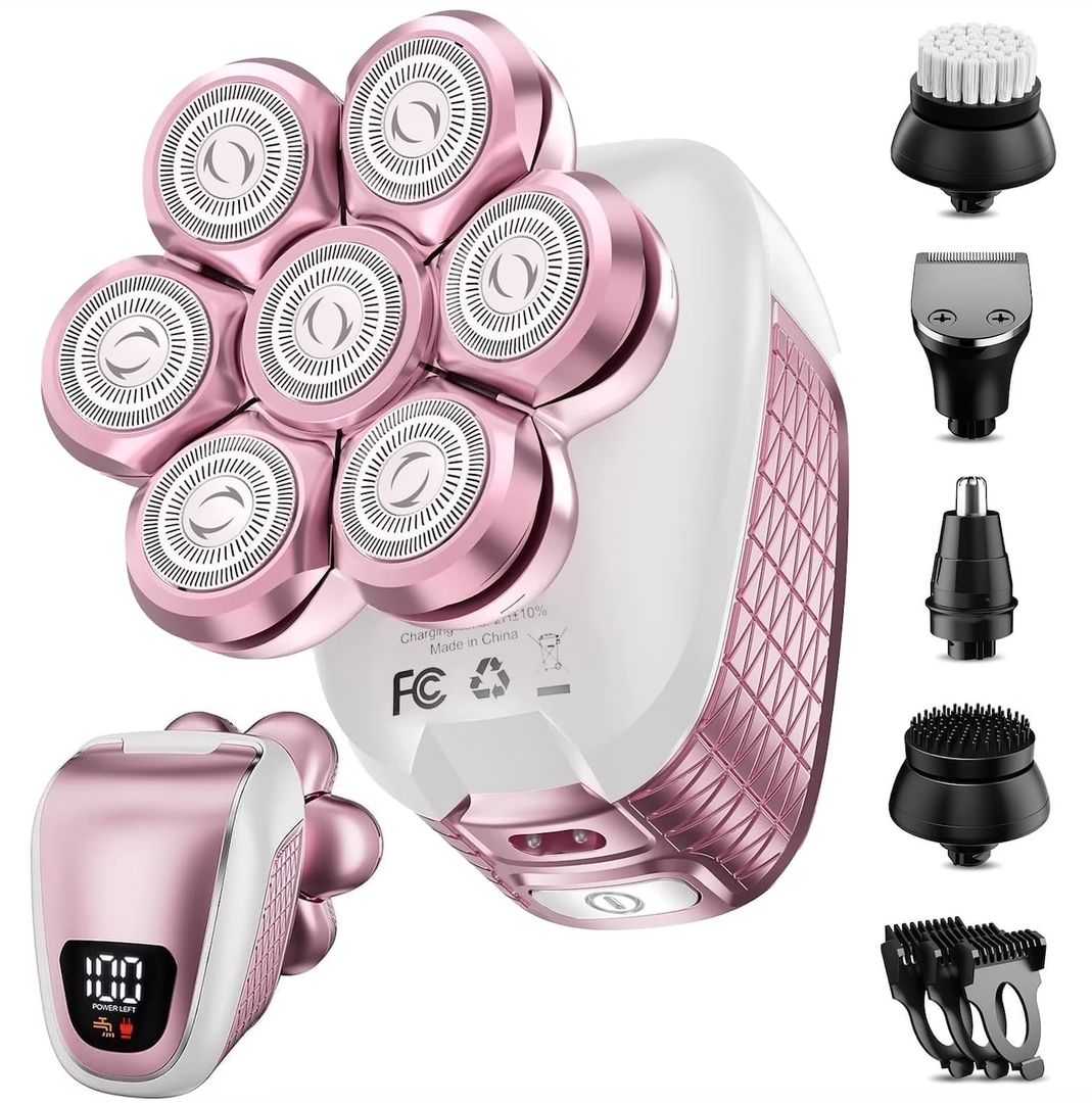 Nogroa Electric Razors for Women, 7D IPX6 Waterproof Cordless Body Electric Head Shaver, 5 in 1 Pink Bikini Trimmer Hair Epilator for Legs Body Face