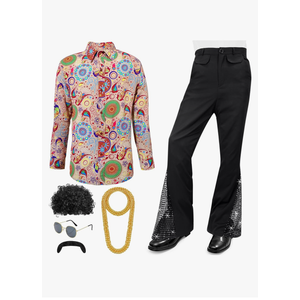 Men's 70s 80s Disco Outfit Costume Dance Bell Bottom Pants Retro Shirts Moustache Sunglasses Wigs Necklace XL