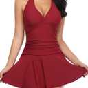 SHEKINI Women's Halter One Piece Skirt Swimsuit Ruched Swimdress Tummy Control Bathing Suit (Wine Red, XX-Large)