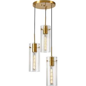 Brushed Gold Pendant Light Fixtures, 3-Light Modern Cluster Pendant Lights with Clear Striped Glass Shade, Farmhouse Brass Chandelier for Kitchen Island Dining Room Foyer