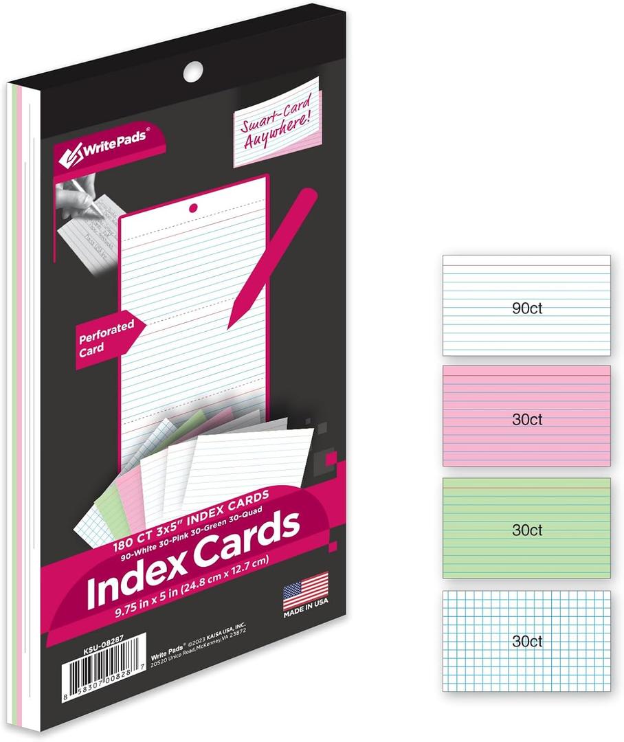 2 x KAISA Index Cards 3x5 Flash Cards, Perforated Smart Card, 150pcs Ruled Colored Notecards and 30pcs White Graph Cards Thick Index Card Notebook with Punching Hole for Studying School Suplplies