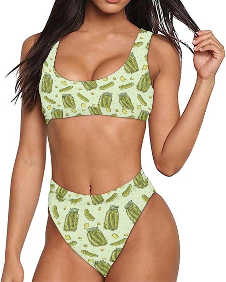 ELEQIN Women Printed Two Pieces High Waisted Cheeky Bikini Sets Low Scoop Crop Swimsuit (Medium, Funny Pickles)
