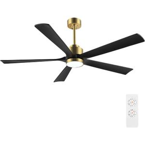 ELEHINSER 60" Modern Ceiling Fan with Light and Remote Control, 5 Solid Wood Blades 6-Speed Noiseless Reversible DC Motor, Ceiling Fan for Bedroom Dinning Living Room, Gold Finish with Black Blades
