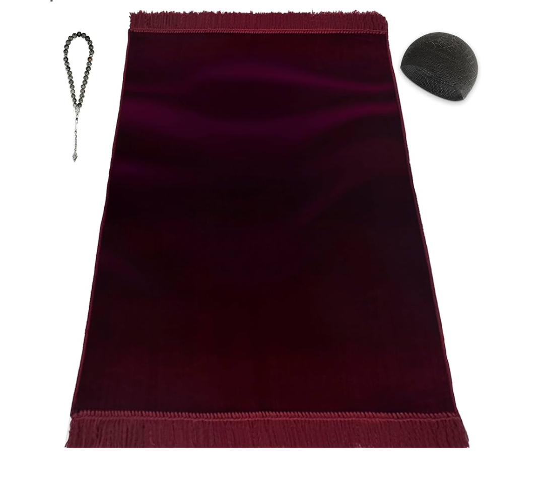Kapobia Velvet Prayer Mat Set (Gemstone 33 Prayer Beads  Black Kufi Hat  Elegant Case)  Luxurious Velvet Texture Plain Prayer Rug for Home and Travel  Exquisite Islamic Gifts for Women and Men