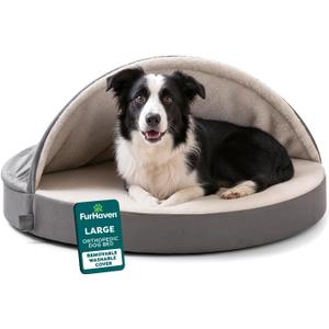 FurHaven Round Orthopedic Dog Bed for Large Dogs, Egg Crate with a Solid Orthopedic Foam Base with Attached Blanket Hood and Removable Washable Cover, Large, Sherpa & Suede Snuggery, Gray