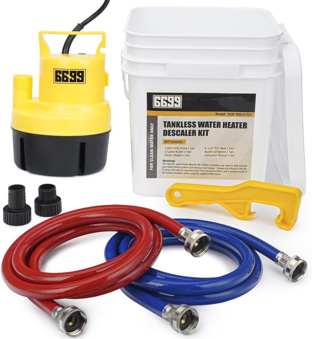 Tankless Water Heater Flushing Kit Includes 1/4HP Submersible Sump Pump with Two Adapters & 3 Gallons Pail with Bucket Lid Opener & Two 1/2 Dia X 6 PVC Hoses with Washers