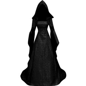 BITSEACOCO Women Deluxe Witch Dress Costume, Vintage Embroidered Renaissance Gothic Hooded Vampire Gown Dress Cosplay (Small, Black)
