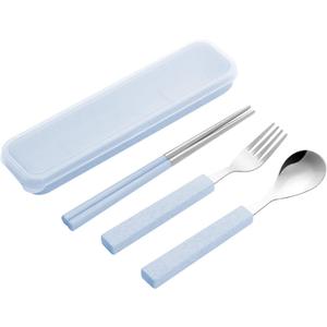 VANRA 3-Piece Children Utensils Set 18/8 Stainless Steel Child Flatware Set Silverware Spoon Fork Chopstick Set with Travel Case for Kids Lunch Box (Blue)