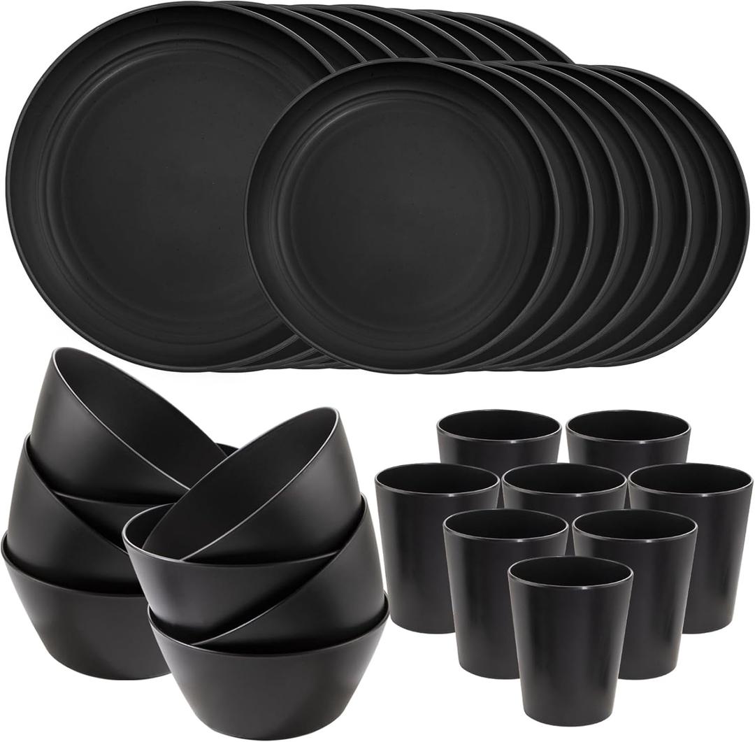 LIYH 48pcs Black Wheat Straw Dinnerware, Plates and Bowls Set, Camping Dish Set for 12, Plastic Dinnerware Set, Dishwasher Safe Dinnerware Set,Unbreakable Plastic,Camper Dish Sets