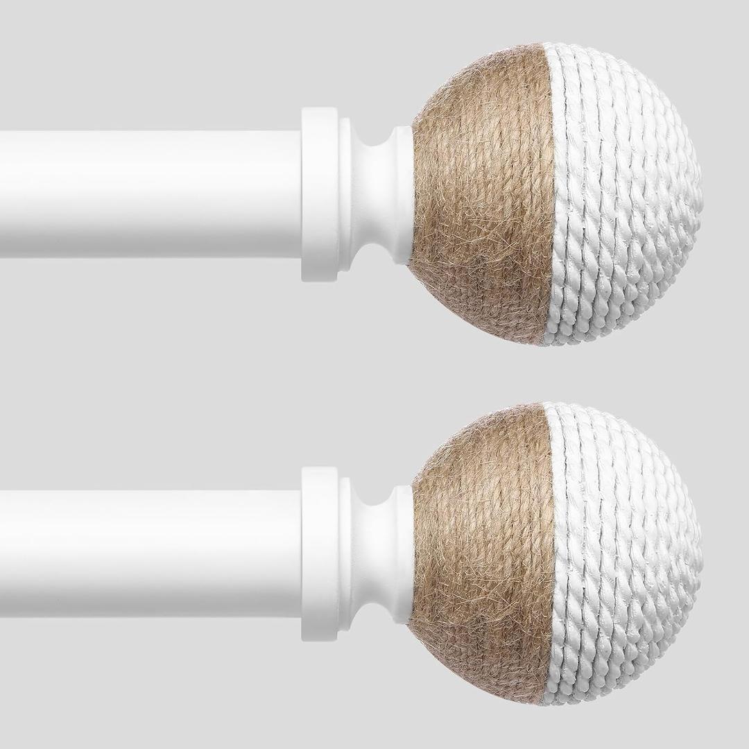2 Pack White Boho Curtain Rods for Windows, 1" Adjustable Decorative Heavy Duty Window Treatment Rods 30 to 56 inch with Pinecone Twine Finials, Rustic Farmhouse Drapery Pole for Bedroom