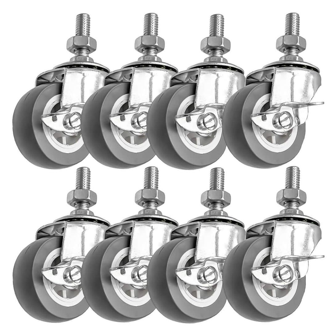 FactorDuty 2 Inch Grey Caster Wheel 3/8"-1.2" Threaded Stem Mount Caster Wheel With Locking Brake Polyurethane Wheels Premium Non Marking No Noise 65LB Per Wheel (Pack of 8) (2" Stem Side Brake)