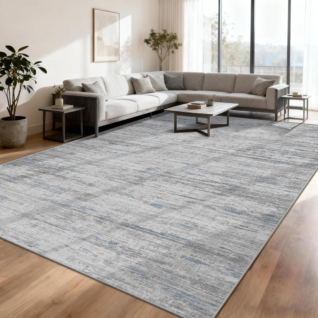 8x10 Area Rugs for Living Room, Modern Abstract Non-Slip Backing Washable Rugs, Soft Thin Large Area Rug Stain Resistant Carpets for Bedroom Dining Room Home Decor, Blue Gray