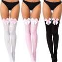 Boao 3 Pairs Thigh High Stockings Thigh High Socks with Bow for Women over Knee Lingerie Stockings for Cosplay Daily Wear (X-Large, Pink, White, Black)