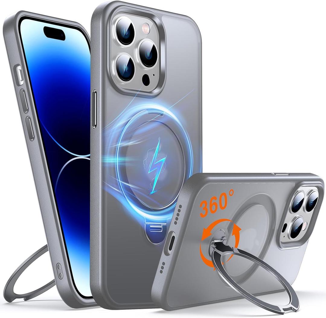 Chicfun 360 O-Ring MagStander for iPhone 14 Pro Case with Magnetic Kickstand Ring Holder [Compatible with MagSafe][360Rotate Stand Ring][Military Shockproof] iPhone 14 Pro Phone Cover Matte Grey