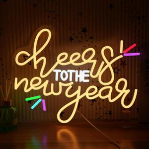 Cheers To The New Year Neon Sign USB Powered Colorful Happy New Year Led Light up Sign for Wall Decor Christmas New Year Eve Party Holiday16.5 * 12.6 In
