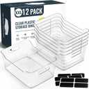 12 PACK Multi-Use Clear Plastic Storage Bins for Organizing w/ Labels - Home, Kitchen, Pantry, Bathroom, Office, Cabinet Shelf Organizer Bins - SOHO Collection, RV, Fridge Organization Containers -XXL