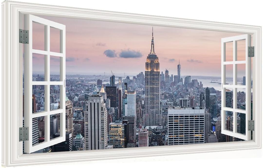 Window View New York Skyline Canvas Wall Art- City Landscape Canvas Print Pictures Painting Artwork Framed for Living Room Bedroom Bathrom Offce Decor-24"x48"
