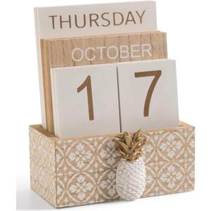 Block Calendar for Desk, Wood Desk Perpetual Calendar, Gift Daily Desktop Vintage Wooden Blocks for Home Farmhouse Office Aesthetic Decor Rustic Decoration Brown Pineapple