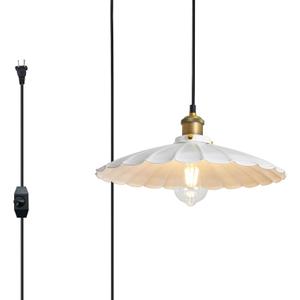 Hanging Lamp Plug in White 15.7 Inch Metal Lampshade Pendant Light Adjustable 14Ft Cord Pendant Light Plug in Living Room Bedroom Farmhouse Industrial Hanging Lights