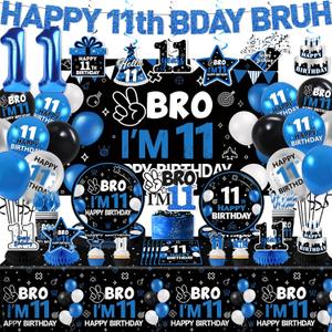 11th Birthday Decorations for Boys,196pcs Bruh Im 11 Birthday Decorations Happy 11th Birthday Boy Plates and Napkins Cups Tablecloth Backdrop Topper Balloons for 11 Year Old Birthday Decorations
