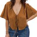 SHENHE Women's Plus Size Tie Front Tops Flounce Sleeve Deep V Neck Crop Casual Blouse Top (Brown, XXL)