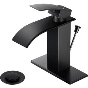 Qomolangma Black Waterfall Bathroom Faucet with Lift Rod Drain, Modern Single Handle Bathroom Faucets for 1 or 3 Hole Bathroom Sink Faucet Mixer Tap Washbasin Faucet with Deck and Supply Hoses
