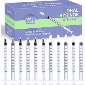 150 Pcs 1ml Syringes with Caps Oral Dispenser Individually Sterile Warpped for Medicine Dropper, Colostrum Collect Feeding Pets, Liquid