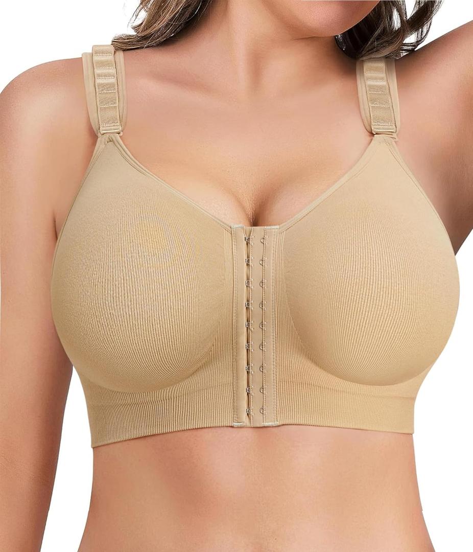 LANCS Wireless Front Closure Bras for Women Compression Mastectomy Bras Surgical Supportive Bra with Adjustable Straps (XX-Large, Beige)