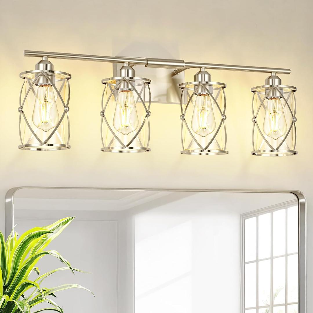 4-Light Brushed Nickel Bathroom Light Fixtures, 29 Inch Modern Bathroom Vanity Lighting Fixtures Over Mirror with Clear Glass and Metal Cage Wall Sconce Lights for Bath, E26, CH9176BN-4W