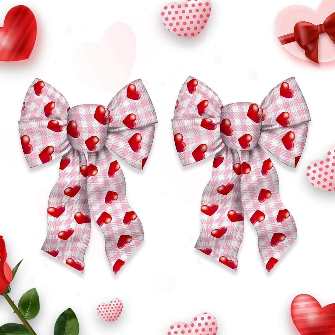 2 Pieces Valentines Bows for Wreath, Valentine's Day Wreath Bows Pink Buffalo Plaid Bows Red Heart Craft Bows Ornaments Farmhouse Tree Bows for Front Door Wedding Valentines Decorations