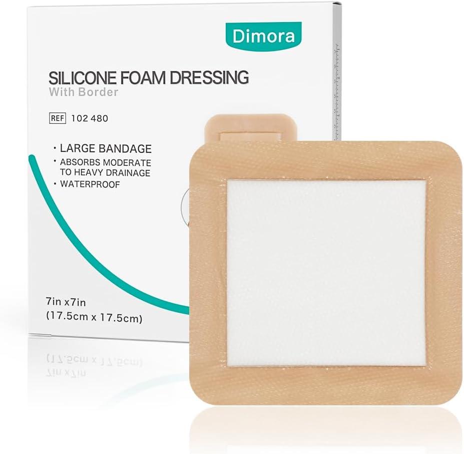 Dimora Large Bandage Ultra Soft Wound Dressing - Bordered Silicone Adhesive Foam Dressing 7"x7" (5"x5"pad) for Bed Sores,Burn Treatment,Large Surgical Wound,Diabetic Ulcers,5 Pack