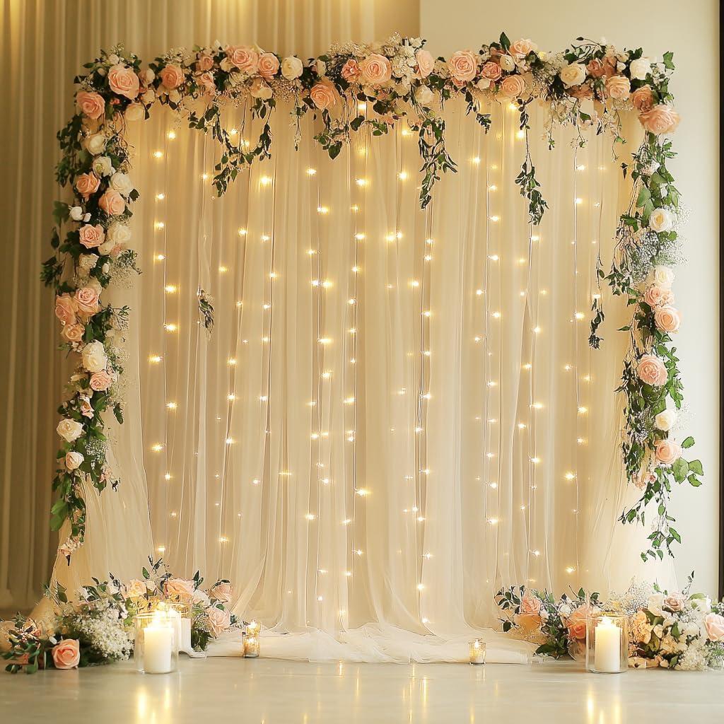 Xiomot Tulle Backdrop Curtain with Lights String 10FT X 8FT Champagne Sheer Tulle Backdrop Curtains for Wedding Birthday Party Reception Photo Booth Background Decorations (2 Panels 5x8FT)