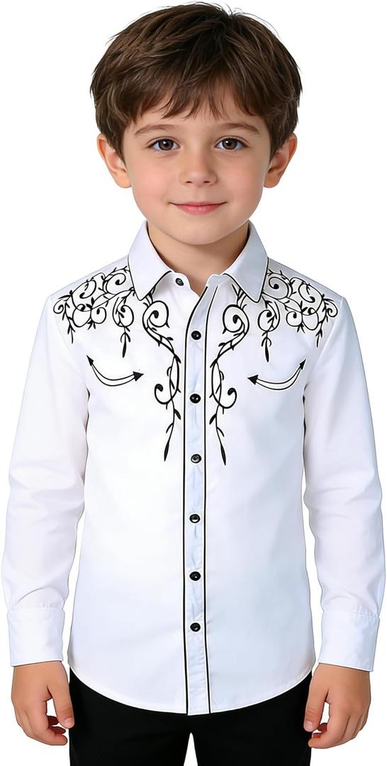 YELLTOOGOO Kid Western Cowboy Shirts Casual Button Down Costume for Boys Whitem, 140