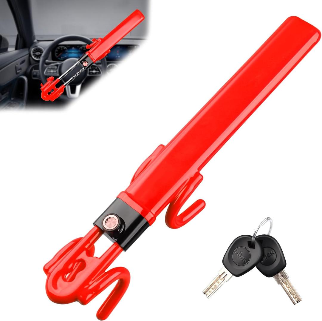 Steering Wheel Lock - Heavy Duty Anti-Theft Car Device with Double Hooks Design for Enhanced Vehicle Protection,Adjustable Length Locking with 2 Keys Universal Fit(RED)