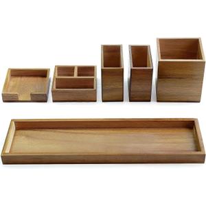 Wood Vanity Tray, 6-Piece Small Bathroom Counter Organizer Wooden Decorative Trays Rectangular Perfume Jewelry Makeup Cosmetic Holder Set - Holds Small Items